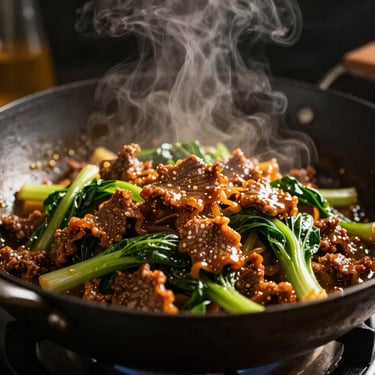 Close-up of wok-fried beef and fresh greens, steam rising, glistening sauce, dramatic side-lighting, 50mm