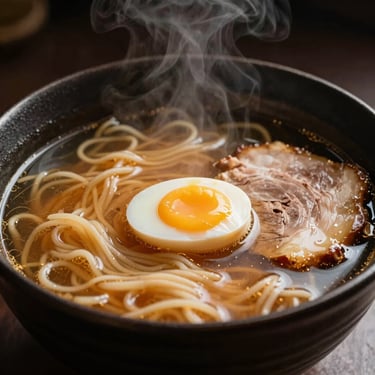 Steam rising from a hot bowl of ramen with soft-boiled egg and chashu pork, rich golden broth, close-up, 50mm