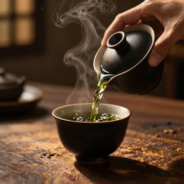 Hands pouring hot green tea into a black ceramic cup, steam rising, soft golden lighting, warm atmosphere, 50mm