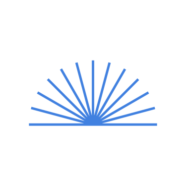 Minimalist blue sunburst icon with radiating lines on a black background representing a sunrise logo.