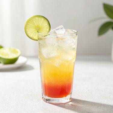 Vibrant custom soda with crushed ice and a fresh lime wheel, bright sunlit background, shallow depth of field.