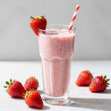 Thick strawberry banana smoothie in a tall glass with a straw, fresh strawberries on the side.