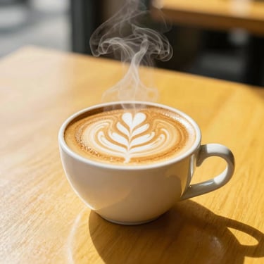 Freshly pulled espresso latte art in a ceramic cup, warm steam rising, sunny cafe table.