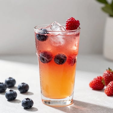 Vibrant layered energy drink with fresh berries in a clear cup with condensation.