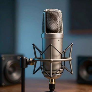 A high-end modern microphone in a dimly lit, professional studio, soft blue background.