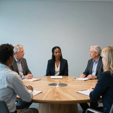 A circular wooden meeting table under soft directional light, minimalist corporate interior.