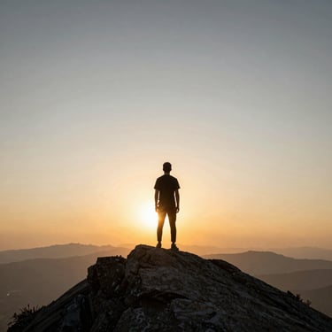 A single figure standing on a mountain peak looking at a vast, warm sunrise, expansive sky.