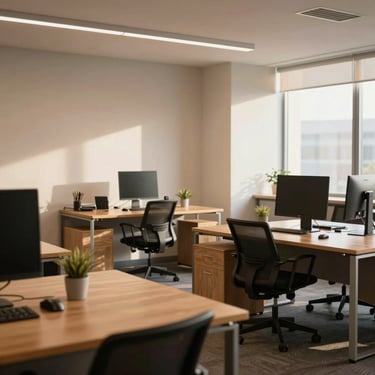 A modern, warm-toned office space with clean wooden desks and soft natural light, collaborative layout.