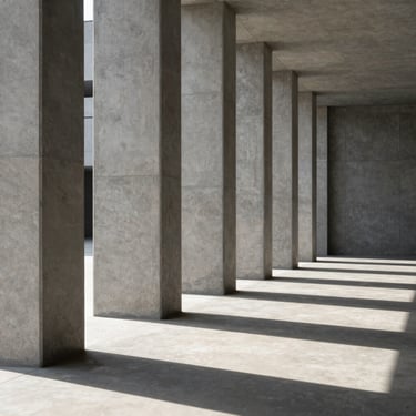 A series of clean, modern concrete pillars casting long, structured shadows, architectural symmetry.