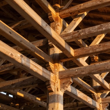 An intricate architectural structure of overlapping timber beams, warm golden hour lighting.