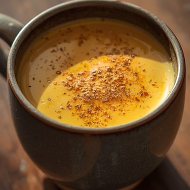 Creamy golden turmeric latte topped with ground cinnamon in a ceramic mug on a wooden table.