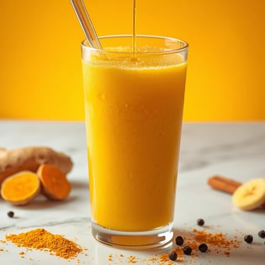 Fresh anti-inflammatory turmeric ginger smoothie being poured into a tall glass on a marble table.