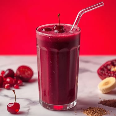 A tall glass of red cherry smoothie with a straw, pomegranate seeds, and fresh fruit on a marble surface.