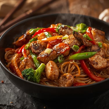 A black bowl of steaming chicken stir fry noodles with fresh peppers and broccoli on a slate board.