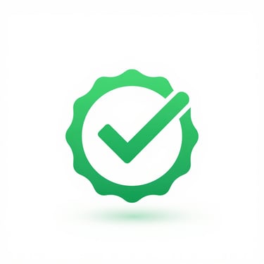 Minimalist green seal icon with a checkmark on a clean white background, studio lighting, soft shadows, 50mm lens