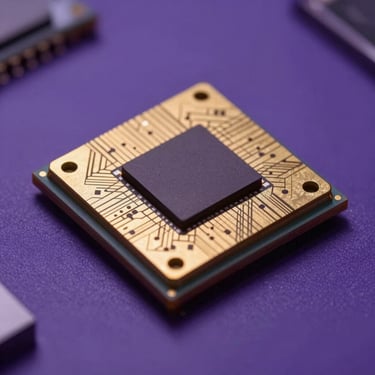 Macro shot of superconducting qubit chip architecture, gold and silicon microscopic traces, high-contrast violet lighting, scientific precision
