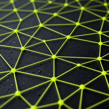 High-contrast vector diagram of a decentralized node network, electric-lime connection paths on deep obsidian background, sharp geometric lines, macro crop, technical precision.