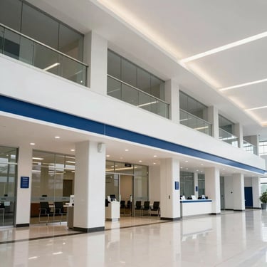 Wide-angle interior shot of a modern, secure bank branch in Kinshasa, clean architectural lines, reinforced structural elements integrated discreetly, bright and professional lighting.