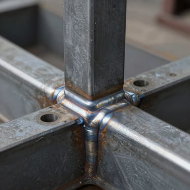 Extreme close-up of a structural steel joint weld on a heavy mining installation, sharp industrial lighting reflecting off the precise metal weld, clean and technical.