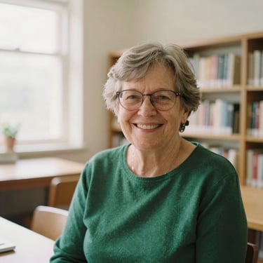 Candid portrait of an older woman with glasses smiling warmly in a bright library room, soft daylight, editorial style