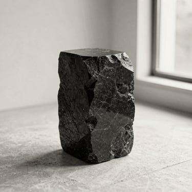 A single dark basalt monolith, raw texture on one side, highly polished on the other, sitting on a cream stone floor, soft directional window light, black and white, sepia undertone