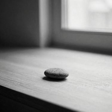 Minimalist solitary stone resting on a clean wooden surface, soft directional window light, high contrast black and white