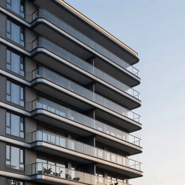 An architectural exterior of a modern luxury condominium building with glass balconies, framed against a clean evening sky.