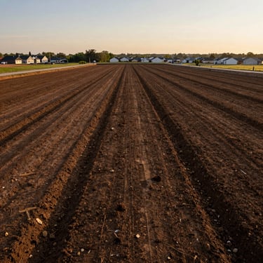 Wide environmental shot of raw development land in a growing suburban area, showcasing rich soil texture and open horizon under golden hour light.