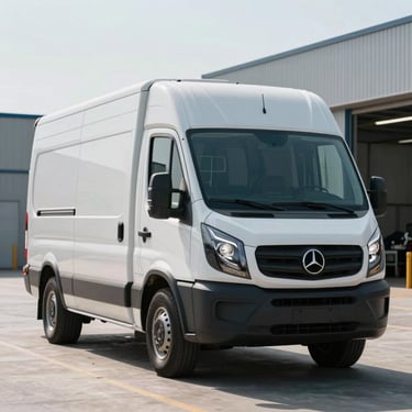 A high-end commercial transport vehicle, clean geometric lines, parked in a modern logistics yard under bright natural daylight.