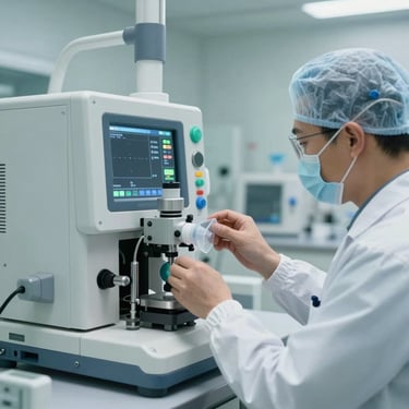 Certified biomedical engineer in cleanroom attire performing precise calibration on a modern hospital ventilator, cool-toned bright LED lighting, focus on hands and technical interface.