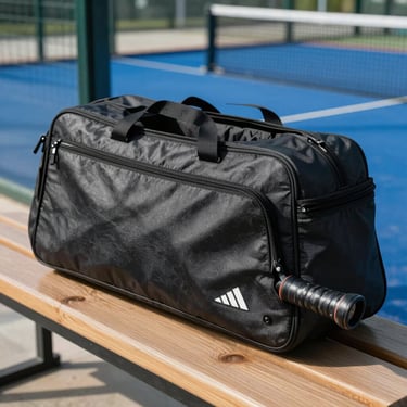 Padel sports bag open on a bench beside a court, racket handle visible inside, natural light from a court window