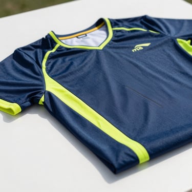 Folded technical padel jersey in academy blue and yellow on a clean white surface, daylight from left, fabric texture visible