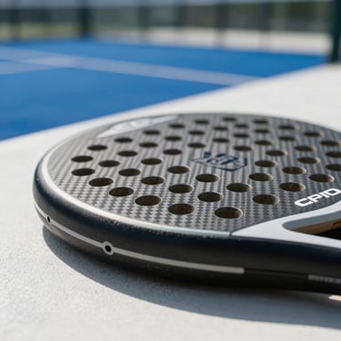 Close-up of a padel racket head resting on a white surface, natural side light catching the carbon texture, blurred court in background