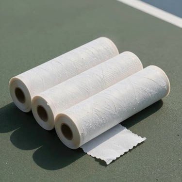 Three overgrip rolls fanned out on a court surface, natural overhead light, one grip partially unwrapped showing texture