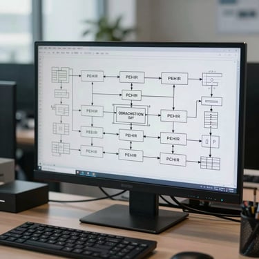 Straight-on technical schematic diagram of an enterprise data pipeline on a dual-monitor setup, cool natural office lighting, clean blueprint lines.
