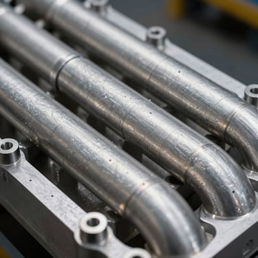 Extreme close-up of heavy-duty aluminum liquid cooling channels machined directly into a converter chassis, high contrast studio lighting.