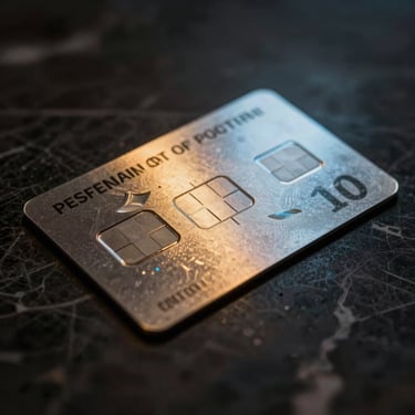 Close-up of a premium physical metal card resting on dark marble, dramatic chiaroscuro lighting, subtle gold and blue ambient light leaks reflecting off the metallic surface