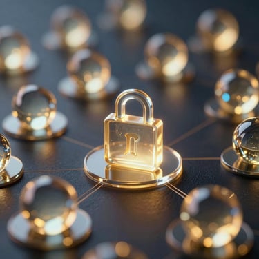 Macro close-up of abstract glowing 3D glass nodes representing secure blockchain ledger, low-key dramatic chiaroscuro lighting with gold and blue reflections, cinematic render