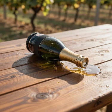 Close-up of spilled champagne on a wooden table at a Napa Valley vineyard, harsh afternoon sun casting long shadows