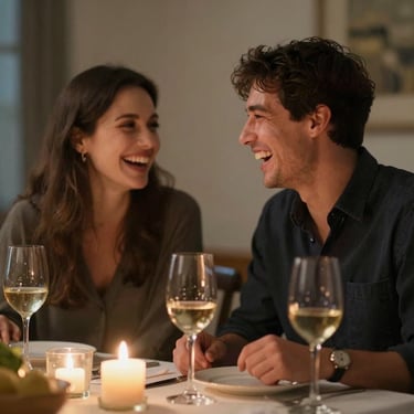 Candid motion-blurred laughter of a couple sitting close at a dinner table, warm candle light, quiet documentary style