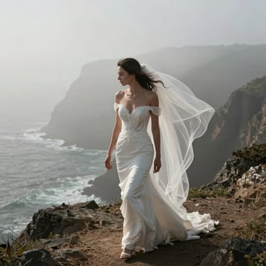 A bride walking through thick coastal fog on a cliff, her veil catching the wind, high contrast, cinematic tone
