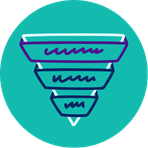 A blue sales funnel icon with four distinct stages on a teal circular background.