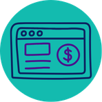 Digital payment icon showing a dollar sign on a website interface inside a teal circle.