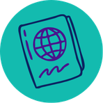 Purple line art passport icon with a globe on a teal circular background.