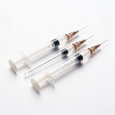 Sterile syringes and needles in clean clinical packaging, bright studio lighting, white background, sharp focus, square aspect.