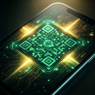 Sleek mobile screen showing a glowing cyber green LINE QR code, high-contrast neon gold backlighting, sharp focus, 3d render