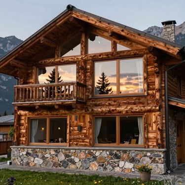 A rustic mountain home exterior with custom timber framing, large windows reflecting pine trees, natural stone foundation, warm alpine sunset.