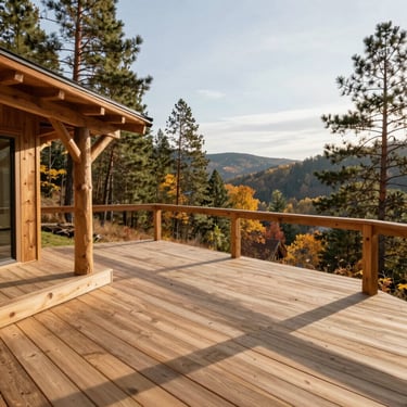 A massive custom-built cedar deck with heavy timber posts, overlooking a pine valley, crisp autumn daylight.