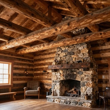 Interior of a rustic cabin remodel, exposed hand-hewn log rafters, stone fireplace, warm indoor lighting.