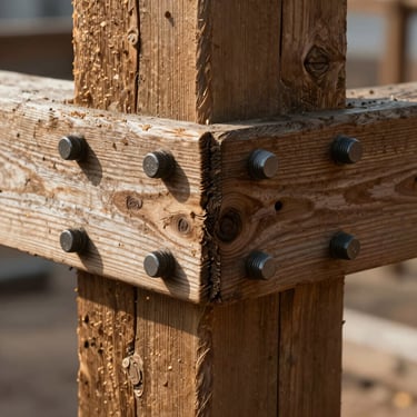 Close-up of heavy iron bolts securing a massive hand-hewn wooden post-and-beam joint, showing the raw texture of the grain.